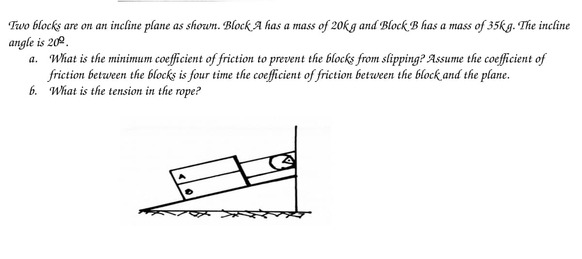 Two blocks are on an incline plane as shown. Block A has a mass of 20kg and Block B has a mass of 35kg. The incline
angle is 200.
a.
What is the minimum coefficient of friction to prevent the blocks from slipping? Assume the coefficient of
friction between the blocks is four time the coefficient of friction between the block and the plane.
b. What is the tension in the rope?