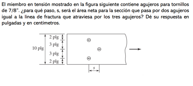 El miembro en tensión mostrado en la figura siguiente contiene agujeros para tornillos
de 7/8". ¿para qué paso, s, será el área neta para la sección que pasa por dos agujeros
igual a la línea de fractura que atraviesa por los tres agujeros? Dé su respuesta en
pulgadas y en centímetros.
2 plg
3 plg
10 plg
3 plg
2 plg