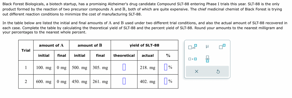 Black Forest Biologicals, a biotech startup, has a promising Alzheimer's drug candidate Compound SLT-88 entering Phase I trials this year. SLT-88 is the only
product formed by the reaction of two precursor compounds A and B, both of which are quite expensive. The chief medicinal chemist of Black Forest is trying
out different reaction conditions to minimize the cost of manufacturing SLT-88.
In the table below are listed the initial and final amounts of A and B used under two different trial conditions, and also the actual amount of SLT-88 recovered in
each case. Complete the table by calculating the theoretical yield of SLT-88 and the percent yield of SLT-88. Round your amounts to the nearest milligram and
your percentages to the nearest whole percent.
Trial
1
2
amount of A
initial
100. mg
600. mg
final
0 mg
0 mg
amount of B
initial
500. mg
450. mg
final
305. mg
261. mg
yield of SLT-88
theoretical actual
0
0
218. mg
402. mg
%
%
%
x10
•
X
μ
010