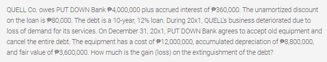 QUELL Co. owes PUT DOWN Bank P4,000,000 plus accrued interest of P360,000. The unamortized discount
on the loan is P80,000. The debt is a 10-year, 12% loan. During 20x1, QUELL'S business deteriorated due to
loss of demand for its services. On December 31, 20x1, PUT DOWN Bank agrees to accept old equipment and
cancel the entire debt. The equipment has a cost of P12,000,000, accumulated depreciation of P8,800,000,
and fair value of P3,600,000. How much is the gain (loss) on the extinguishment of the debt?
