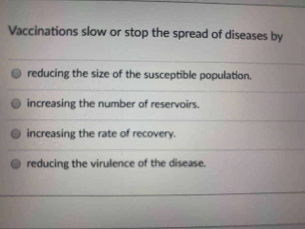 Vaccinations slow or stop the spread of diseases by
reducing the size of the susceptible population.
O increasing the number of reservoirs.
increasing the rate of recovery.
O reducing the virulence of the disease.
