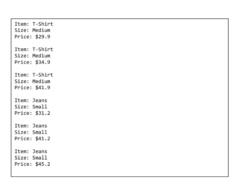 Item: T-Shirt
Size: Medium
Price: $29.9
Item: T-Shirt
Size: Medium
Price: $34.9
Item: T-Shirt
Size: Medium
Price: $41.9
Item: Jeans
Size: Small
Price: $31.2
Item: Jeans
Size: Small
Price: $41.2
Item: Jeans
Size: Small
Price: $45.2