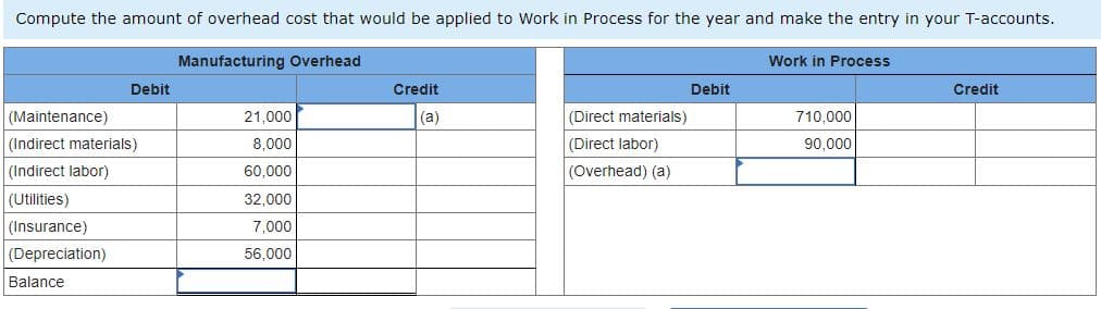 Compute the amount of overhead cost that would be applied to Work in Process for the year and make the entry in your T-accounts.
Manufacturing Overhead
Debit
(Maintenance)
(Indirect materials)
(Indirect labor)
(Utilities)
(Insurance)
(Depreciation)
Balance
21,000
8,000
60,000
32,000
7,000
56,000
Credit
(a)
(Direct materials)
(Direct labor)
(Overhead) (a)
Debit
Work in Process
710,000
90,000
Credit