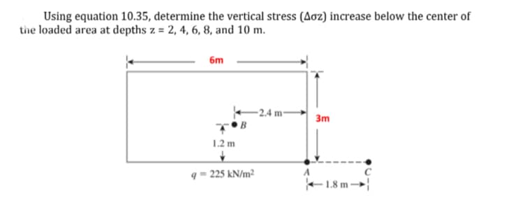 Using equation 10.35, determine the vertical stress (Aoz) increase below the center of
the loaded area at depths z = 2, 4, 6, 8, and 10 m.
6m
-2.4 m-
3m
1.2 m
= 225 kN/m²
-1.8 m