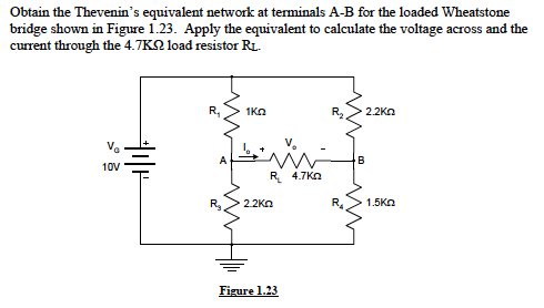Obtain the Thevenin's equivalent network at terminals A-B for the loaded Wheatstone
bridge shown in Figure 1.23. Apply the equivalent to calculate the voltage across and the
current through the 4.7KN load resistor RL.
R,
1KO
R.
2.2KO
B
10V
R 4.7Kn
22KO
R.
1.5KO
Figure 1.23
