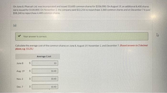 On June 8, Pharoah Ltd. was incorporated and issued 33,600 common shares for $336,000. On August 19, an additional 8,400 shares
were issued for $100,800. On November 2, the company paid $32.256 to repurchase 3,360 common shares and on December 7 it paid
$58.240 to repurchase 4,480 common shares.
(a)
Your answer is correct.
Calculate the average cost of the common shares on
places, ag. 15.25.)
June 8
Aug 19
Nov. 2
Dec. 7
$
$
5
$
Average Cost
10
10.40
10.40
10.40
hares on June 8, August 19. November 2, and December 7. (Round arewers to 2 decimal