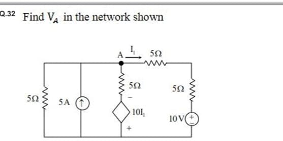 Q.32 Find V, in the network shown
5Ω
www.
5A (1)
A
5Ω
101₁
5Ω
5Ω
10V(+)