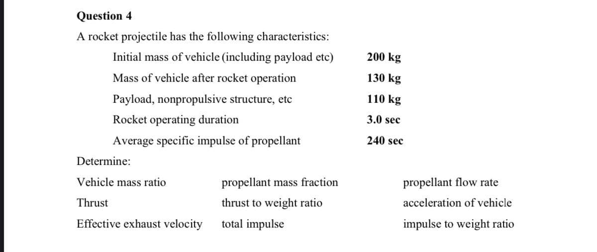 Question 4
A rocket projectile has the following characteristics:
Initial mass of vehicle (including payload etc)
200 kg
Mass of vehicle after rocket operation
130 kg
Payload, nonpropulsive structure, etc
110 kg
Rocket operating duration
3.0 sec
Average specific impulse of propellant
240 sec
Determine:
Vehicle mass ratio
propellant mass fraction
propellant flow rate
Thrust
thrust to weight ratio
acceleration of vehicle
Effective exhaust velocity
total impulse
impulse to weight ratio
