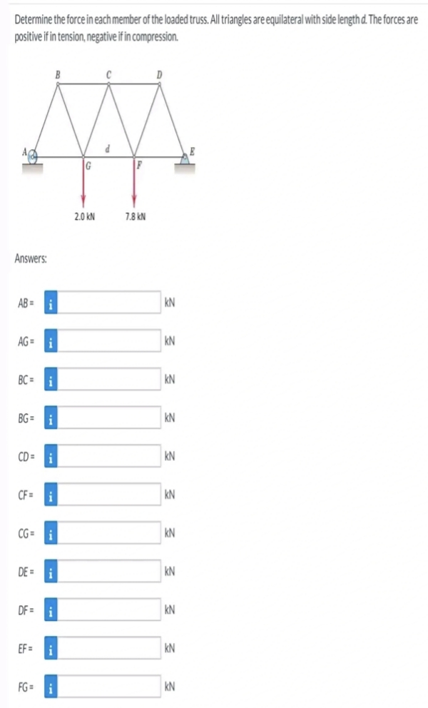 Determine the force in each member of the loaded truss. All triangles are equilateral with side length d. The forces are
positive if in tension, negative if in compression.
Ad
Answers:
AB=
AG=
BG=
BC= i
CD=
CF=
CG=
DE=
B
i
EF=
DF= i
i
FG= i
G
2.0 KN
C
F
7.8 KN
D
KN
KN
KN
KN
KN
KN
KN
KN
KN
KN
KN