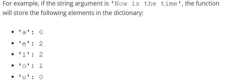 For example, if the string argument is 'Now is the time', the function
will store the following elements in the dictionary:
• 'a': 0
• 'e': 2
•
'1': 2
'0': 1
'u': 0