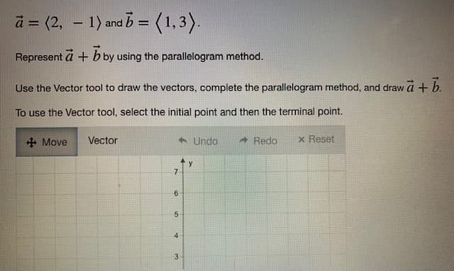 a = (2, -1) and b = (1,3).
Represent a + b by using the parallelogram method.
Use the Vector tool to draw the vectors, complete the parallelogram method, and draw a + b.
To use the Vector tool, select the initial point and then the terminal point.
+Move
Vector
Undo
Redo x Reset
7
6
5
4
3
y