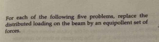 For each of the following five problems, replace the
distributed loading on the beam by an equipollent set of
forces.