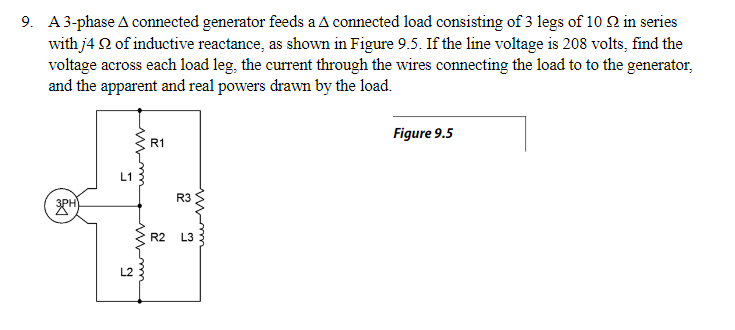 9. A 3-phase A connected generator feeds a A connected load consisting of 3 legs of 10 9 in series
with j4 2 of inductive reactance, as shown in Figure 9.5. If the line voltage is 208 volts, find the
voltage across each load leg, the current through the wires connecting the load to to the generator,
and the apparent and real powers drawn by the load.
Figure 9.5
R1
3PH)
L1
www
L2
R3
R2 L3
ww-M