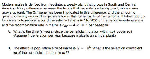 Modern maize is derived from teosinte, a weedy plant that grows in South and Central
America. A key difference between the two is that teosinte is a bushy plant, while maize
grows upward. The tb1 gene has been implicated in this difference, and the amount of
genetic diversity around this gene are lower than other parts of the genome. It takes 300 bp
for diversity to recover around the selected site in tb 1 to 50% of the genome-wide average,
and the recombination rate in maize is Cpp = 4 x 10-7 per basepair.
A. What is the time (in years) since the beneficial mutation within tb1 occurred?
(Assume 1 generation per year because maize is an annual plant.)
B. The effective population size of maize is N = 106. What is the selection coefficient
(s) of the beneficial mutation in tb1?