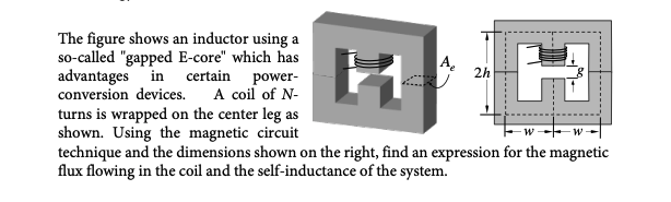The figure shows an inductor using a
so-called "gapped E-core" which has
advantages in certain power-
conversion devices.
A coil of N-
2h
H
turns is wrapped on the center leg as
shown. Using the magnetic circuit
W +w
technique and the dimensions shown on the right, find an expression for the magnetic
flux flowing in the coil and the self-inductance of the system.