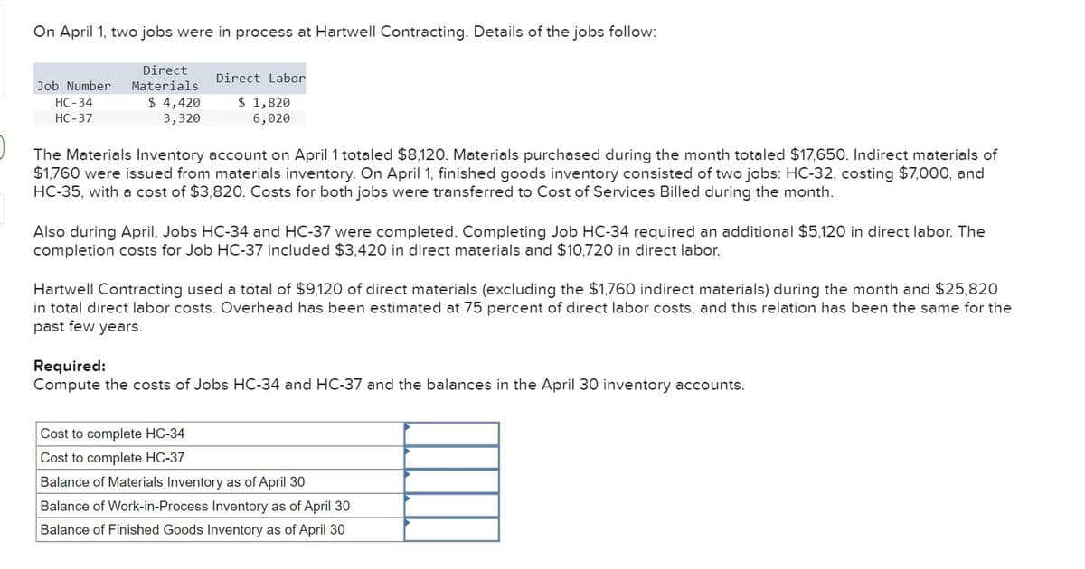 On April 1, two jobs were in process at Hartwell Contracting. Details of the jobs follow:
Job Number
HC-34
HC-37
Direct
Materials
$ 4,420
3,320
Direct Labor
$ 1,820
6,020
The Materials Inventory account on April 1 totaled $8,120. Materials purchased during the month totaled $17,650. Indirect materials of
$1,760 were issued from materials inventory. On April 1, finished goods inventory consisted of two jobs: HC-32, costing $7,000, and
HC-35, with a cost of $3,820. Costs for both jobs were transferred to Cost of Services Billed during the month.
Also during April, Jobs HC-34 and HC-37 were completed. Completing Job HC-34 required an additional $5,120 in direct labor. The
completion costs for Job HC-37 included $3,420 in direct materials and $10,720 in direct labor.
Hartwell Contracting used a total of $9,120 of direct materials (excluding the $1,760 indirect materials) during the month and $25,820
in total direct labor costs. Overhead has been estimated at 75 percent of direct labor costs, and this relation has been the same for the
past few years.
Required:
Compute the costs of Jobs HC-34 and HC-37 and the balances in the April 30 inventory accounts.
Cost to complete HC-34
Cost to complete HC-37
Balance of Materials Inventory as of April 30
Balance of Work-in-Process Inventory as of April 30
Balance of Finished Goods Inventory as of April 30