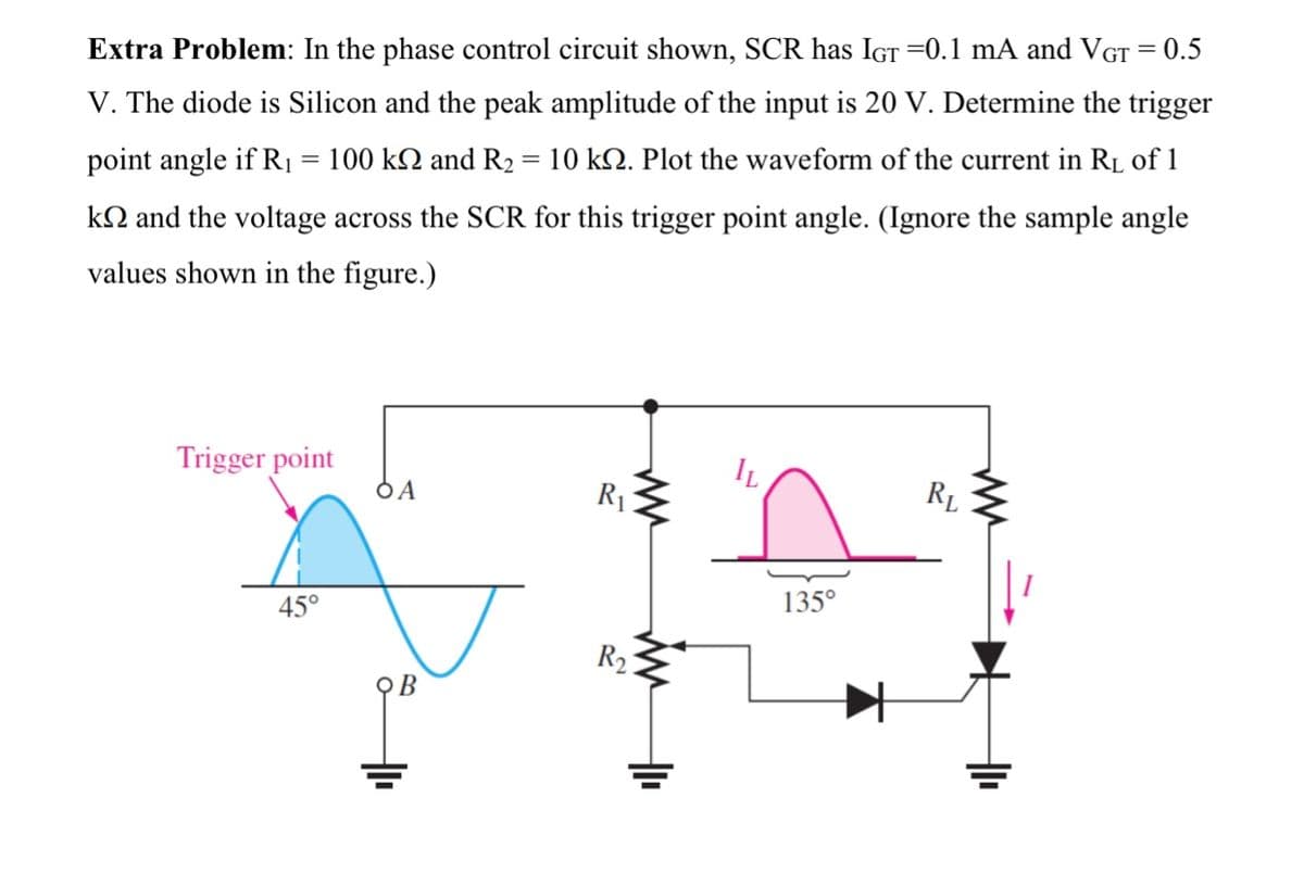 Extra Problem: In the phase control circuit shown, SCR has IGT =0.1 mA and VGT = 0.5
V. The diode is Silicon and the peak amplitude of the input is 20 V. Determine the trigger
point angle if R1
100 k2 and R2 = 10 kQ. Plot the waveform of the current in RL of 1
kN and the voltage across the SCR for this trigger point angle. (Ignore the sample angle
values shown in the figure.)
Trigger point
OA
IL
RL
R1
135°
45°
R2
