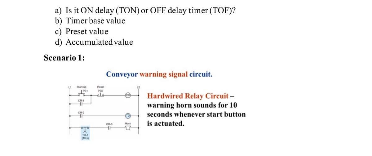 a) Is it ON delay (TON) or OFF delay timer (TOF)?
b) Timer base value
c) Preset value
d) Accumulated value
Scenario 1:
Conveyor warning signal circuit.
Start-up
Reset
PB2
Hardwired Relay Circuit –
warning horn sounds for 10
CR-1
CR2
seconds whenever start button
is actuated.
CR-3
Hom
TD-1
(10 s)
