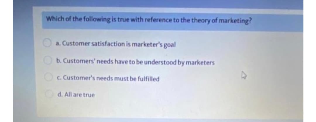 Which of the following is true with reference to the theory of marketing?
a. Customer satisfaction is marketer's goal
b. Customers' needs have to be understood by marketers
c. Customer's needs must be fulfilled
d. All are true
OOOO
