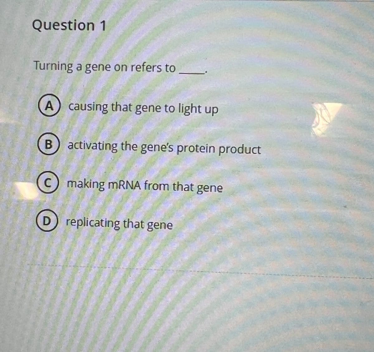 Question 1
Turning a gene on refers to
A causing that gene to light up
B
activating the gene's protein product
C) making mRNA from that gene
D
replicating that gene
13
GG
