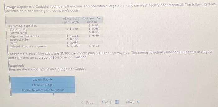 Lavage Rapide is a Canadian company that owns and operates a large automatic car wash facility near Montreal. The following table
provides data concerning the company's costs:
Cleaning supplies
Electricity
Maintenance
Wages and salaries.
Depreciation
Administrative expenses
Rent
Fixed Cost Cost per Car
per Month
Washed
$ 0.60
$ 0.08
$ 0.15
$0.30
$1,300
$ 4,200
$ 8,100
$ 2,000
$ 1,600
$ 0.02
For example, electricity costs are $1,300 per month plus $0.08 per car washed. The company actually washed 8,300 cars in August
and collected an average of $6.20 per car washed.
Required:
Prepare the company's flexible budget for August
Lavage Rapide
Flexible Budget
For the Month Ended August 31
< Prev
1 of 3
Next >