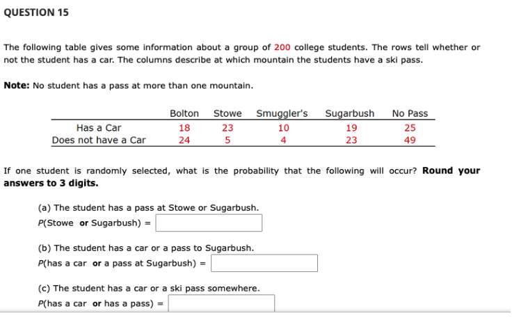 QUESTION 15
The following table gives some information about a group of 200 college students. The rows tell whether or
not the student has a car. The columns describe at which mountain the students have a ski pass.
Note: No student has a pass at more than one mountain.
Has a Car
Does not have a Car
Bolton
18
24
Stowe
23
5
Smuggler's
10
4
(a) The student has a pass at Stowe or Sugarbush.
P(Stowe or Sugarbush) =
(b) The student has a car or a pass to Sugarbush.
P(has a car or a pass at Sugarbush) =
If one student is randomly selected, what is the probability that the following will occur? Round your
answers to 3 digits.
Sugarbush
19
23
(c) The student has a car or a ski pass somewhere.
P(has a car or has a pass) =
No Pass
25
49