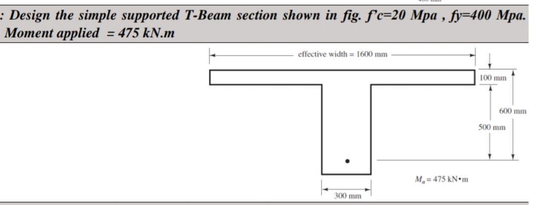 : Design the simple supported T-Beam section shown in fig. f'c-20 Mpa, fy=400 Mpa.
Moment applied = 475 kN.m
effective width = 1600 mm
300 mm
M₁ = 475 kN•m
100 mm
600 mm
500 mm