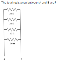 The total resistance between A and B are?
ww
20 A
ww
20 A
20 R
ww
20 A
