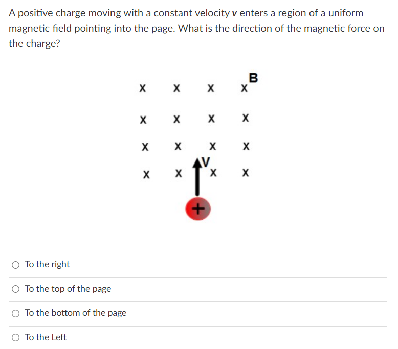 A positive charge moving with a constant velocity v enters a region of a uniform
magnetic field pointing into the page. What is the direction of the magnetic force on
the charge?
B
X
X
X
X
X
X
X
O To the right
O To the top of the page
O To the bottom of the page
O To the Left
X
X
X
X
V
+
X
X
X
X
X