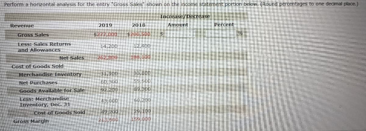 Perform a horizontal analysis for the entry "Gross Sales" shown on the income statement portion below. (Round percentages to one decimal place.)
Increase/Decrease
Revenue
2019
2018
Amount
Percent
Gross Sales
$277,000
$200,500
$
Less: Sales Returns
14,200
12,400
and Allowances
262,800
188,100
Cost of Goods Sold
31,900
33,800
60,300
55,500
92,200
89,300
43,000
60,200
49,200
29,100
213,600
159,000
Net Sales
Merchandise Inventory
Net Purchases
Goods Available for Sale
Less: Merchandise
Inventory, Dec. 31
Cost of Goods Sold
Gross Margin
%