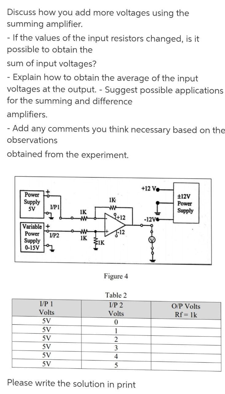 Discuss how you add more voltages using the
summing amplifier.
- If the values of the input resistors changed, is it
possible to obtain the
sum of input voltages?
- Explain how to obtain the average of the input
voltages at the output. - Suggest possible applications
for the summing and difference
amplifiers.
Add any comments you think necessary based on the
-
observations
obtained from the experiment.
+12 Ve
Power
±12V
Power
Supply
1K
Supply
5V
I/P1
IK
N+12
-12Ve
Variable +
Power
VP2
F-12
Supply
0-15V
IK
SIK
Figure 4
Table 2
I/P 1
I/P 2
O/P Volts
Volts
Volts
Rf = 1k
5V
5V
1
5V
5V
3
5V
4
5V
Please write the solution in print
