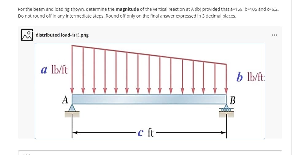 For the beam and loading shown, determine the magnitude of the vertical reaction at A (lb) provided that a=159, b=105 and c=6.2.
Do not round off in any intermediate steps. Round off only on the final answer expressed in 3 decimal places.
distributed load-1(1).png
a lb/ft
b lb/ft
A
B
c ft
