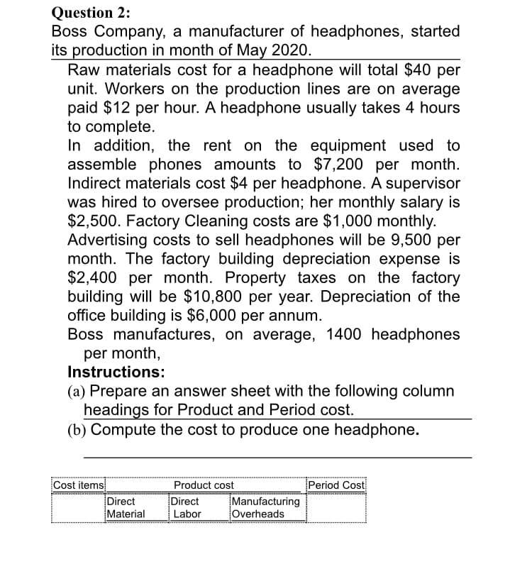 Question 2:
Boss Company, a manufacturer of headphones, started
its production in month of May 2020.
Raw materials cost for a headphone will total $40 per
unit. Workers on the production lines are on average
paid $12 per hour. A headphone usually takes 4 hours
to complete.
In addition, the rent on the equipment used to
assemble phones amounts to $7,200 per month.
Indirect materials cost $4 per headphone. A supervisor
was hired to oversee production; her monthly salary is
$2,500. Factory Cleaning costs are $1,000 monthly.
Advertising costs to sell headphones will be 9,500 per
month. The factory building depreciation expense is
$2,400 per month. Property taxes on the factory
building will be $10,800 per year. Depreciation of the
office building is $6,000 per annum.
Boss manufactures, on average, 1400 headphones
per month,
Instructions:
(a) Prepare an answer sheet with the following column
headings for Product and Period cost.
(b) Compute the cost to produce one headphone.
Cost items
Direct
Material
Product cost
Period Cost
Direct
Labor
Manufacturing
Overheads
