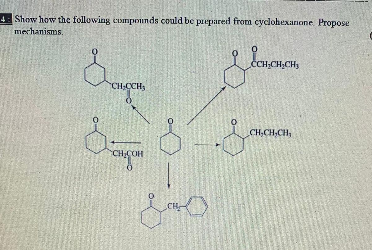 Show how the following compounds could be prepared from cyclohexanone. Propose
mechanisms.
CH,CH2CH3
CH2CCH3
CH,CH,CH3
CH2COH
CH
