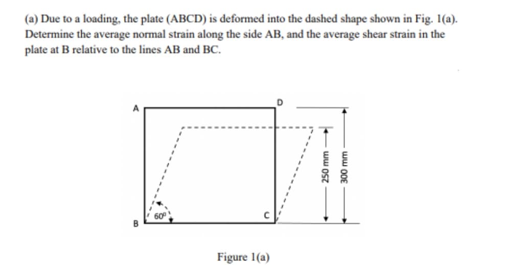 (a) Due to a loading, the plate (ABCD) is deformed into the dashed shape shown in Fig. 1(a).
Determine the average normal strain along the side AB, and the average shear strain in the
plate at B relative to the lines AB and BC.
A
B
60°
Figure 1(a)
250 mm
300 mm