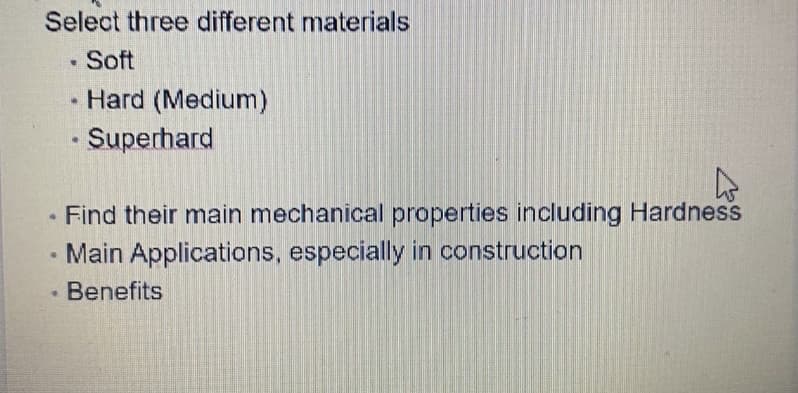Select three different materials
Soft
· Hard (Medium)
Superhard
Find their main mechanical properties including Hardness
• Main Applications, especially in construction
Benefits
