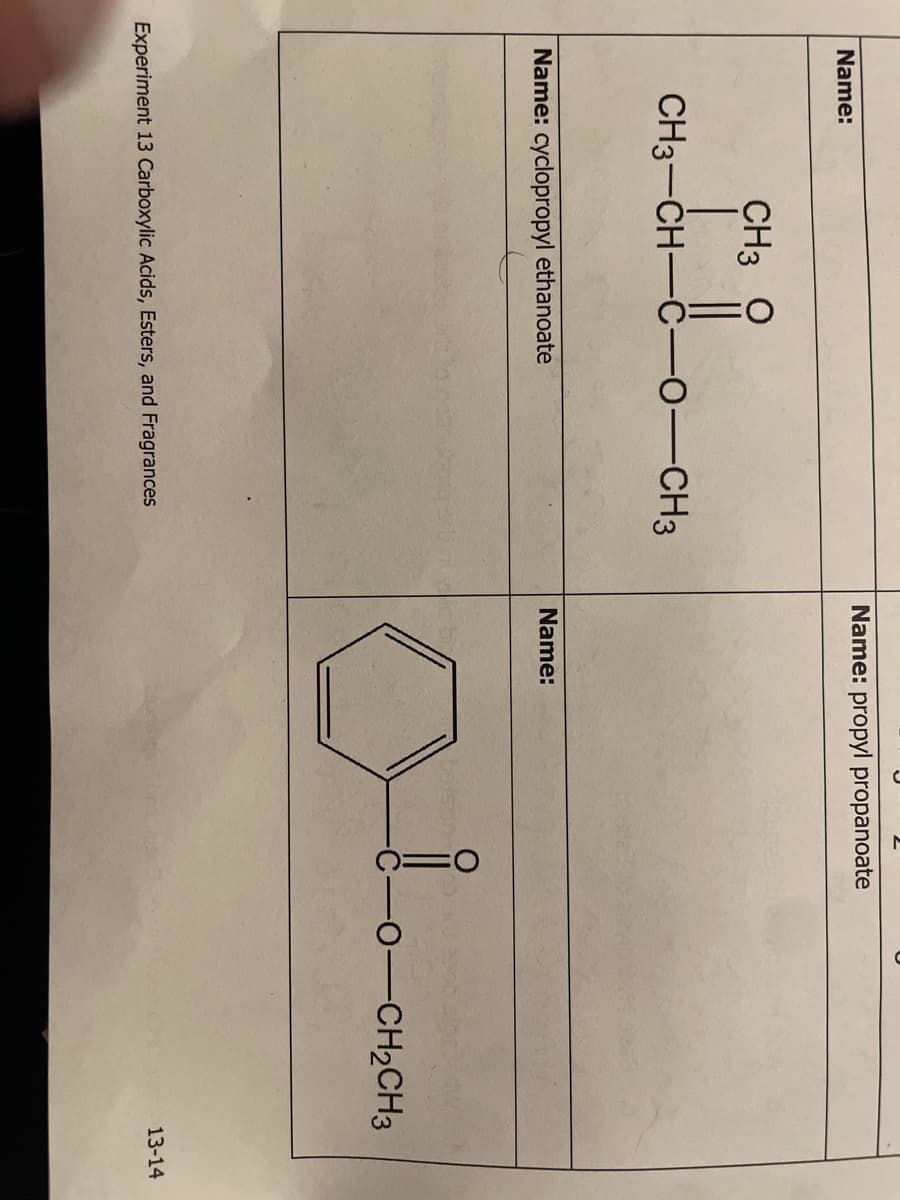 Name:
CH3 O
CH3-CH-C-0-CH3
Name: cyclopropyl ethanoate
Experiment 13 Carboxylic Acids, Esters, and Fragrances
Name: propyl propanoate
Name:
Savic by
-O—CH2CH3
13-14
