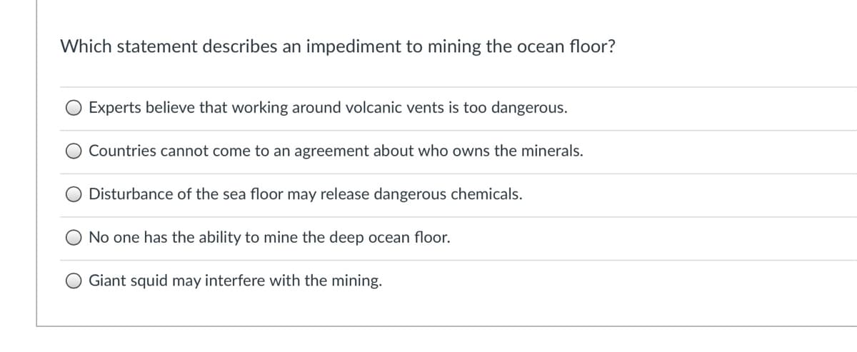 Which statement describes an impediment to mining the ocean floor?
Experts believe that working around volcanic vents is too dangerous.
Countries cannot come to an agreement about who owns the minerals.
Disturbance of the sea floor may release dangerous chemicals.
No one has the ability to mine the deep ocean floor.
Giant squid may interfere with the mining.
