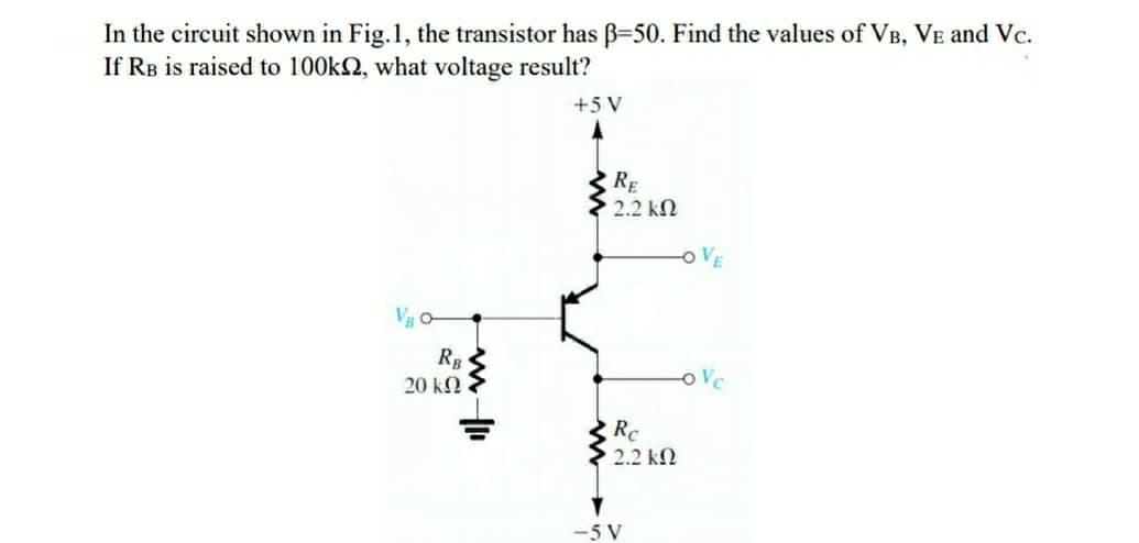 In the circuit shown in Fig.1, the transistor has B=50. Find the values of VB, VE and Vc.
If RB is raised to 100k2, what voltage result?
+5 V
RE
2.2 kN
oVE
V O-
RB
20 kN
Vc
Rc
2.2 kN
-5 V
