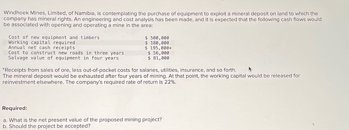 Windhoek Mines, Limited, of Namibia, is contemplating the purchase of equipment to exploit a mineral deposit on land to which the
company has mineral rights. An engineering and cost analysis has been made, and it is expected that the following cash flows would
be associated with opening and operating a mine in the area:
Cost of new equipment and timbers
Working capital required
Annual net cash receipts
Cost to construct new roads in three years
Salvage value of equipment in four years
$ 500,000
$ 180,000
$ 195,000*
$ 56,000
$ 81,000
*Receipts from sales of ore, less out-of-pocket costs for salaries, utilities, insurance, and so forth.
The mineral deposit would be exhausted after four years of mining. At that point, the working capital would be released for
reinvestment elsewhere. The company's required rate of return is 22%.
Required:
a. What is the net present value of the proposed mining project?
b. Should the project be accepted?