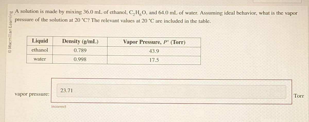 Macmillan Learning
solution made by mixing 36.0 mL of ethanol, C₂HO, and 64.0 mL of water. Assuming ideal behavior, what is the vapor
pressure of the solution at 20 °C? The relevant values at 20 °C are included in the table.
Liquid Density (g/mL)
ethanol
water
vapor pressure:
23.71
Incorrect
0.789
0.998
Vapor Pressure, P° (Torr)
43.9
17.5
Torr