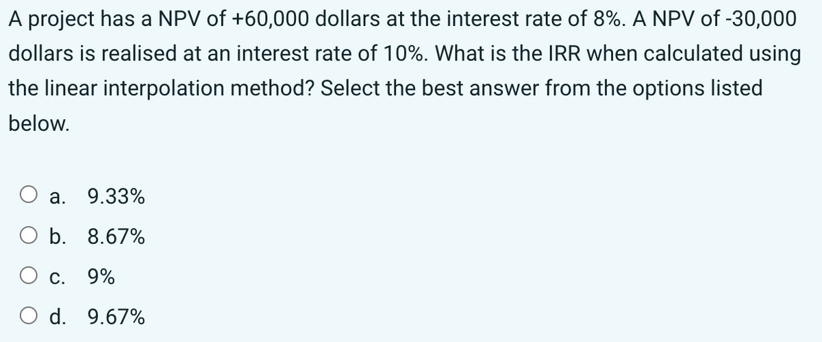 A project has a NPV of +60,000 dollars at the interest rate of 8%. A NPV of -30,000
dollars is realised at an interest rate of 10%. What is the IRR when calculated using
the linear interpolation method? Select the best answer from the options listed
below.
9.33%
b. 8.67%
9%
d. 9.67%
a.
C.