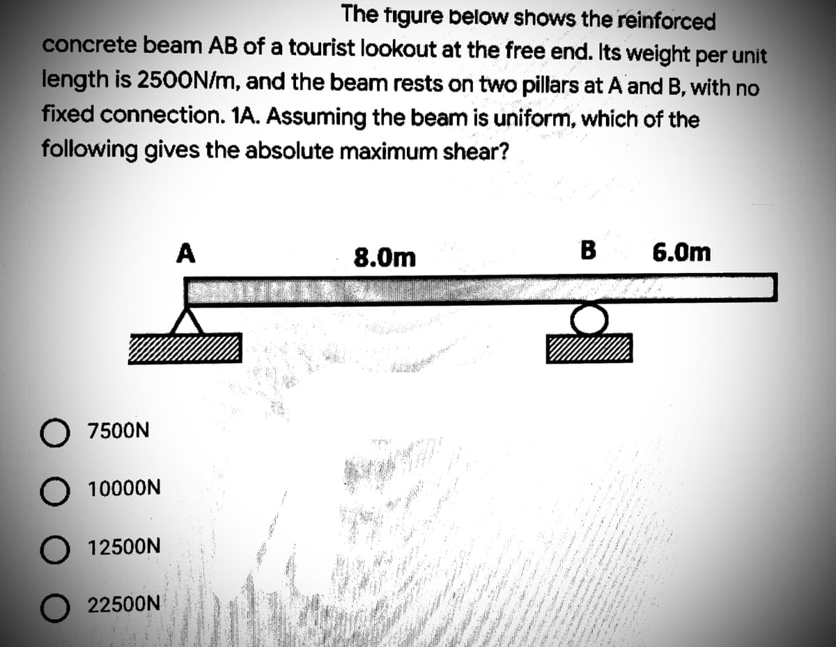The figure below shows the reinforced
concrete beam AB of a tourist lookout at the free end. Its weight per unit
length is 250ON/m, and the beam rests on two pillars at A and B, with no
fixed connection. 1A. Assuming the beam is uniform, which of the
following gives the absolute maximum shear?
A
8.0m
B
6.0m
O 7500N
O 10000N
O 12500N
O 22500N

