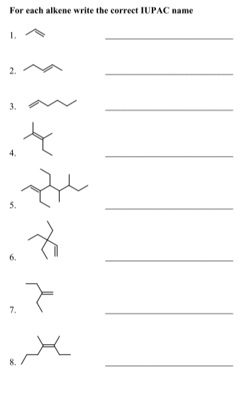 For each alkene write the correct IUPAC name
2.
3.
4.
7.
8.
