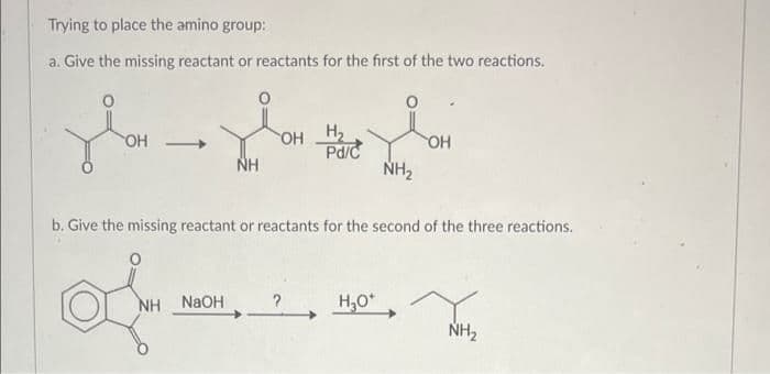 Trying to place the amino group:
a. Give the missing reactant or reactants for the first of the two reactions.
gleplezle
H₂
OH
OH
OH
Pd/c
NH
NH₂
b. Give the missing reactant or reactants for the second of the three reactions.
om
NH NaOH ? H₂0¹
NH₂