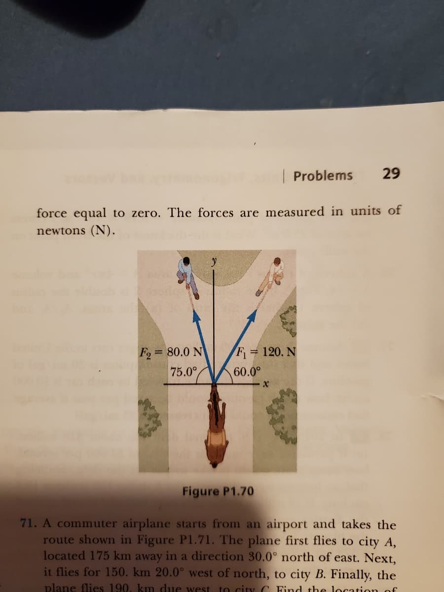 force equal to zero. The forces are measured in units of
newtons (N).
F₂= 80.0 N
75.0°,
Problems 29
F₁ = 120. N
60.0⁰
Figure P1.70
X
71. A commuter airplane starts from an airport and takes the
route shown in Figure P1.71. The plane first flies to city A,
located 175 km away in a direction 30.0° north of east. Next,
it flies for 150. km 20.0° west of north, to city B. Finally, the
plane flies 190, km due west, to city C. Find the location of