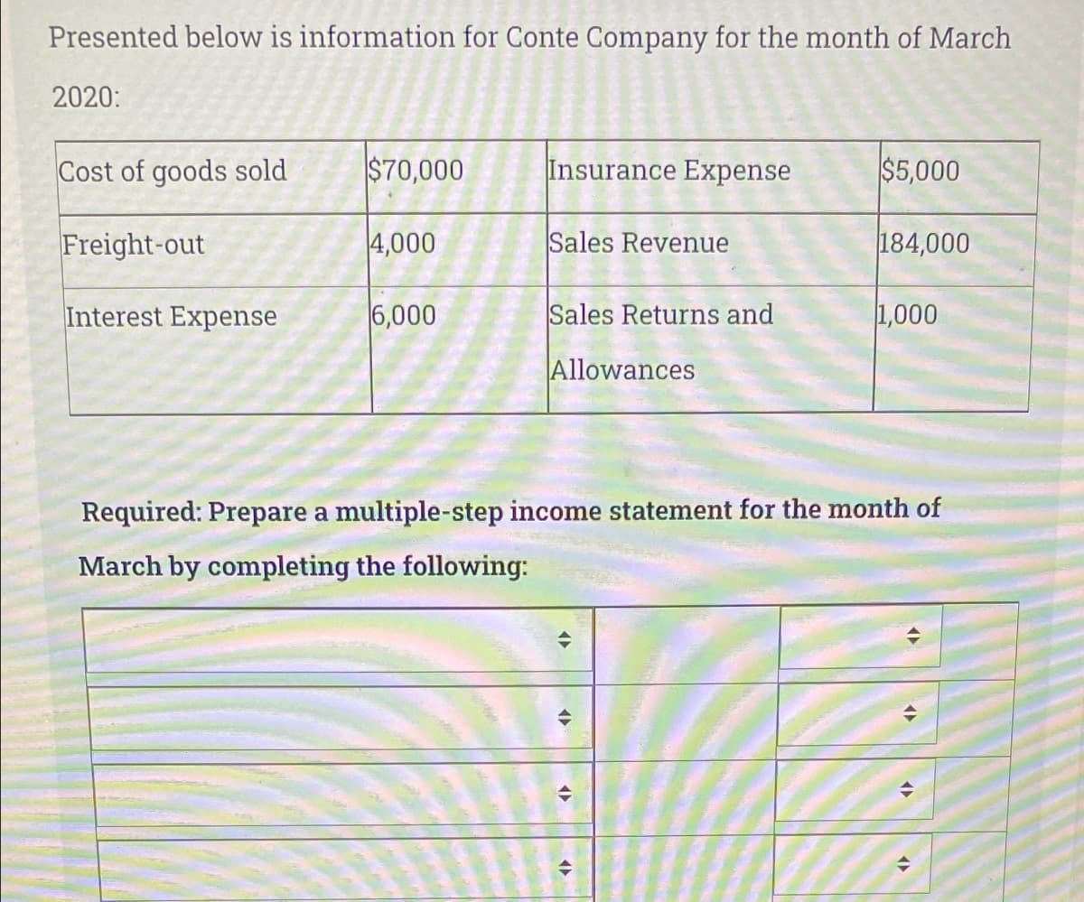 Presented below is information for Conte Company for the month of March
2020:
Cost of goods sold
$70,000
Insurance Expense
$5,000
Freight-out
4,000
Sales Revenue
184,000
Interest Expense
6,000
Sales Returns and
1,000
Allowances
Required: Prepare a multiple-step income statement for the month of
March by completing the following:
