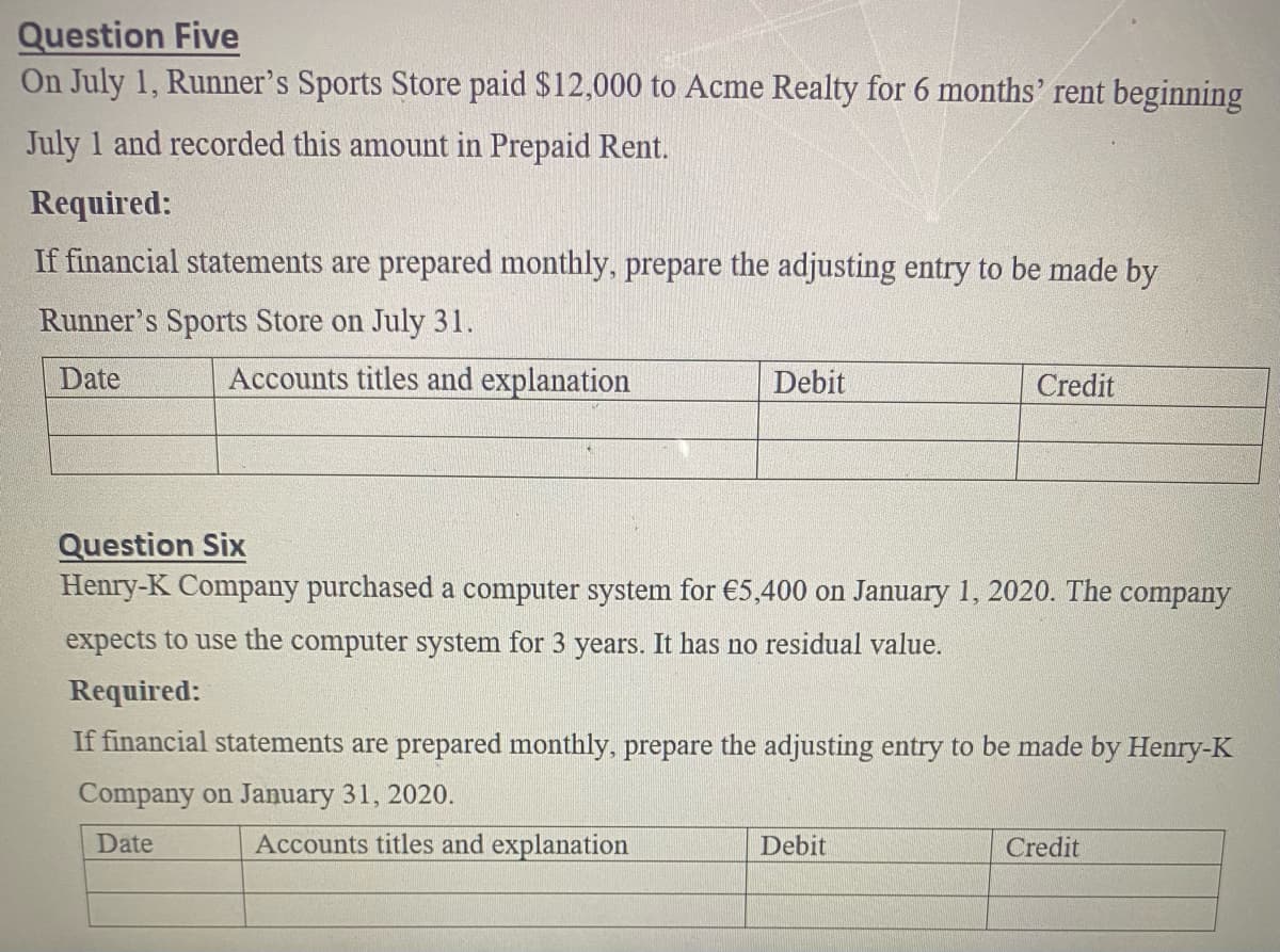 Question Five
On July 1, Runner's Sports Store paid $12,000 to Acme Realty for 6 months' rent beginning
July 1 and recorded this amount in Prepaid Rent.
Required:
If financial statements are prepared monthly, prepare the adjusting entry to be made by
Runner's Sports Store on July 31.
Date
Accounts titles and explanation
Debit
Credit
Question Six
Henry-K Company purchased a computer system for €5,400 on January 1, 2020. The
company
expects to use the computer system for 3 years. It has no residual value.
Required:
If financial statements are prepared monthly, prepare the adjusting entry to be made by Henry-K
Company on January 31, 2020.
Date
Accounts titles and explanation
Debit
Credit
