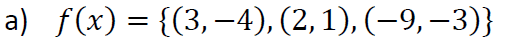 a) f(x) = {(3,–4), (2, 1), (–9,–3)}
