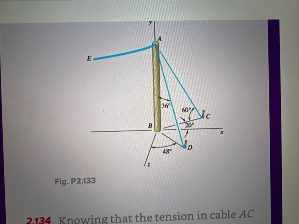 E
Fig. P2.133
B
36°
48°
60%
20°
D
Mc
2.134 Knowing that the tension in cable AC